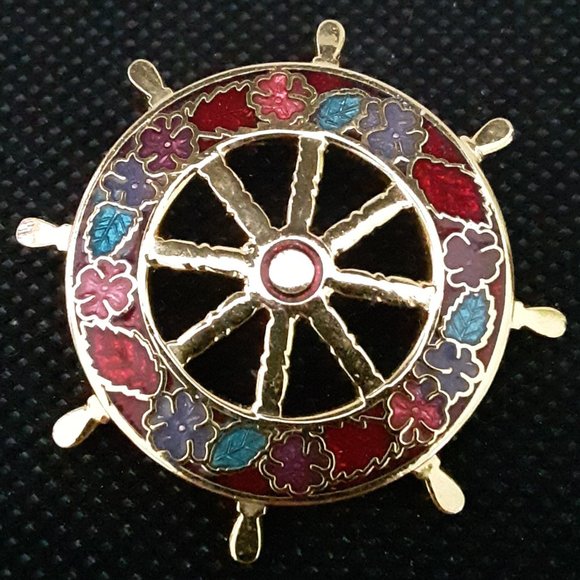 Cloisonne Floral Nautical Ships Wheel Pin Brooch - Picture 1 of 7